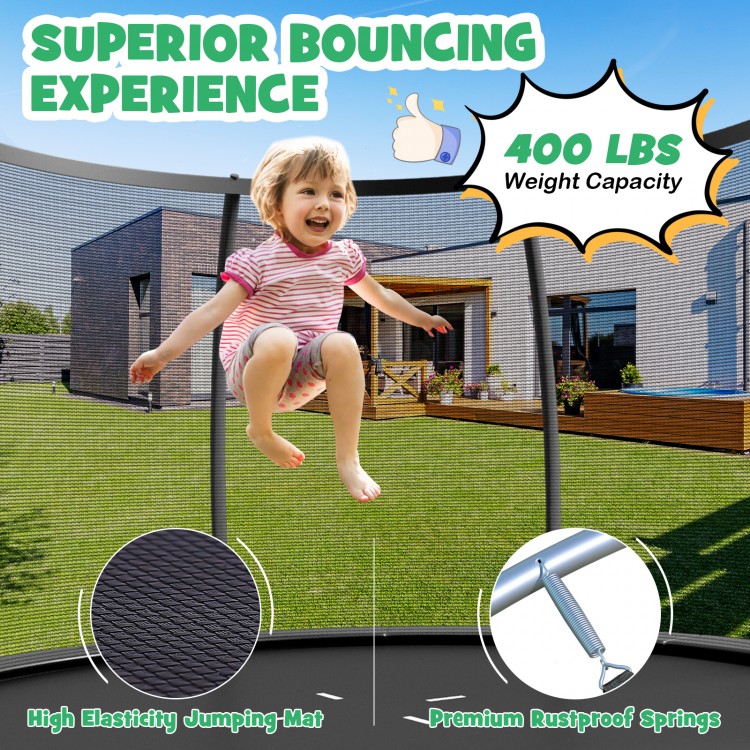 8-foot ASTM approved trampoline with high-elastic jumping mat, rustproof springs, and safety enclosure for outdoor fun.